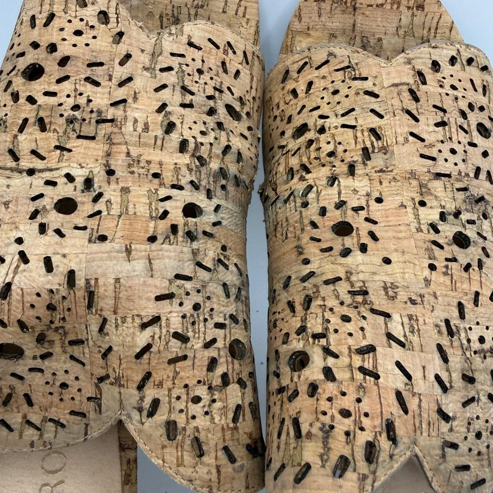 Jack Rogers‎ Wedge Sandals Womens 8 Tan Cork Laser Cut Scalloped Peep Toe Mules